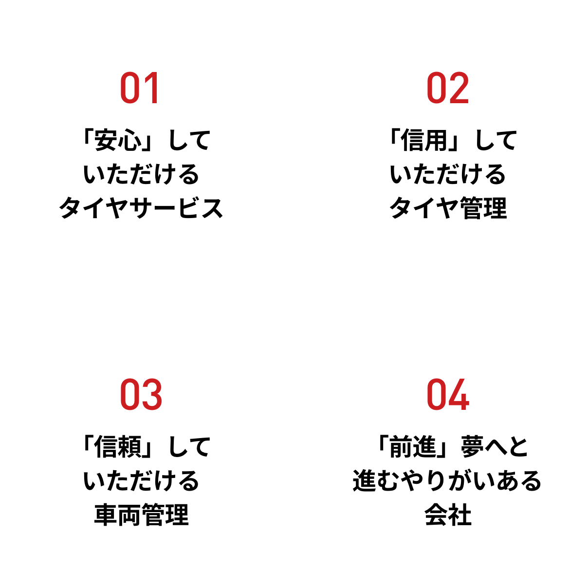 「安心」していただけるタイヤサービス 「信用」していただけるタイヤ管理 「信頼」していただける車両管理 「前進」夢へと進むやりがいある会社